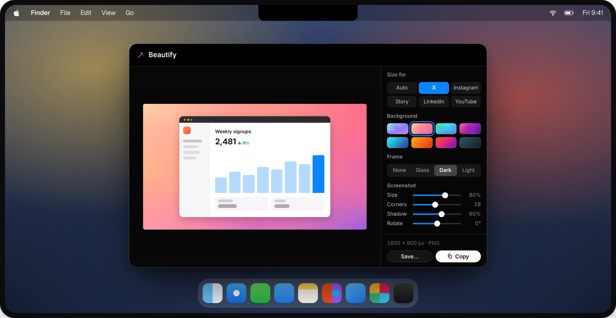 The Beautify window placing a screenshot on a gradient background, with size presets, backgrounds, frames and sliders.