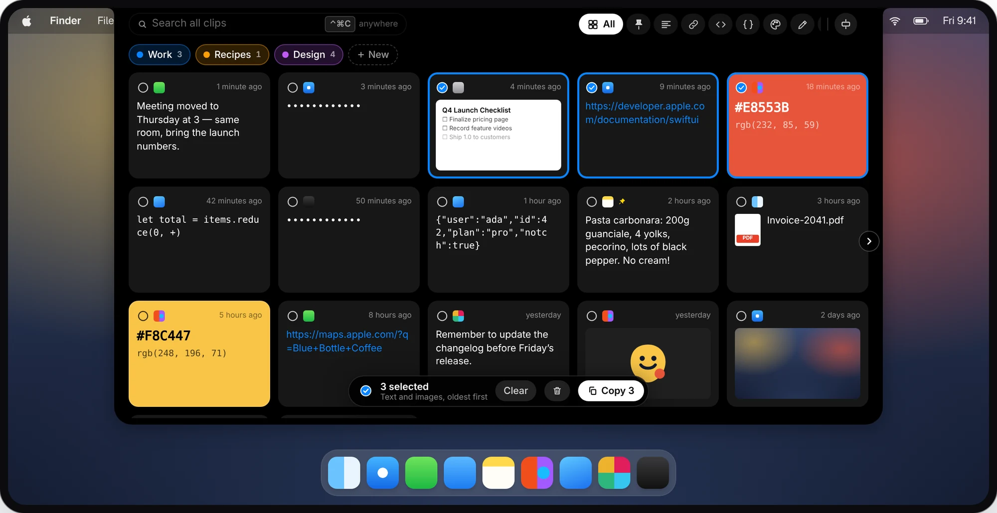 The expanded CopyPasta shelf with three rows of clips and three cards selected, ready to copy together.