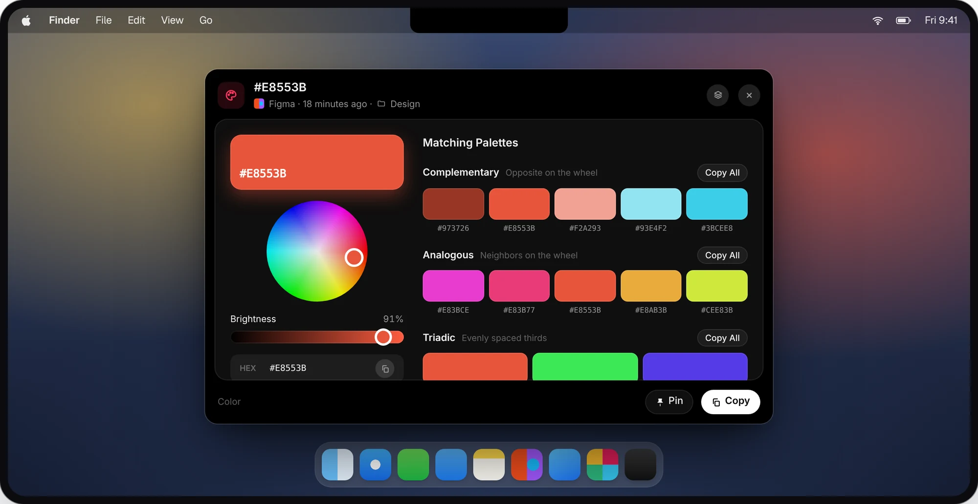 A color clip opened in its own window, with a color wheel, brightness slider and matching palettes.