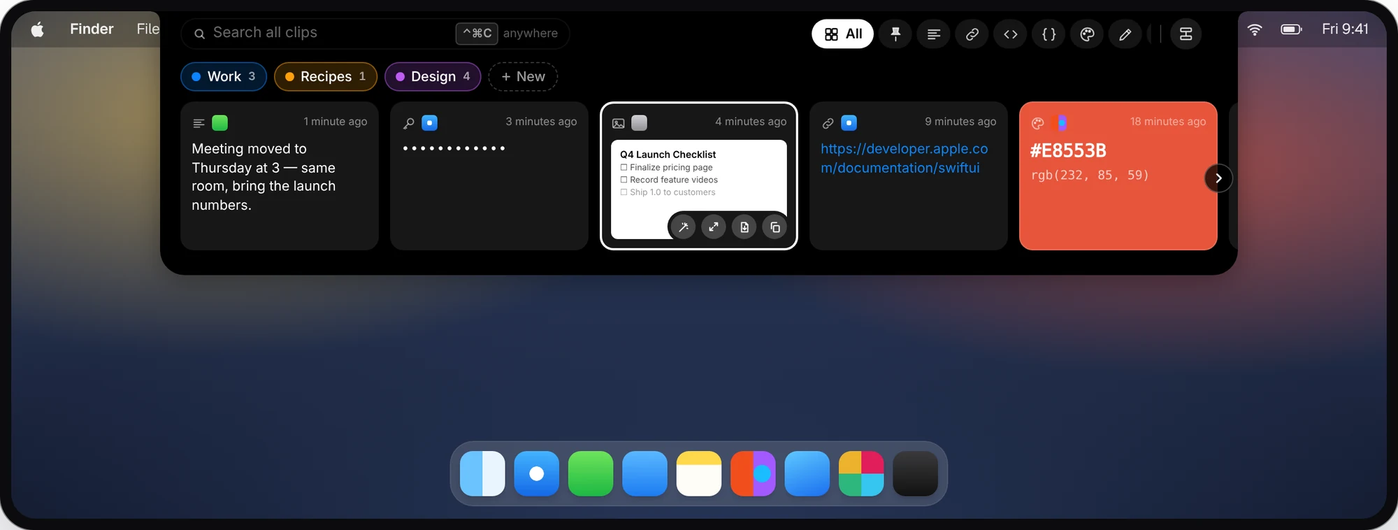 The CopyPasta shelf open below the MacBook notch, showing recent clips: a message, a hidden password, a screenshot, a link and a color.