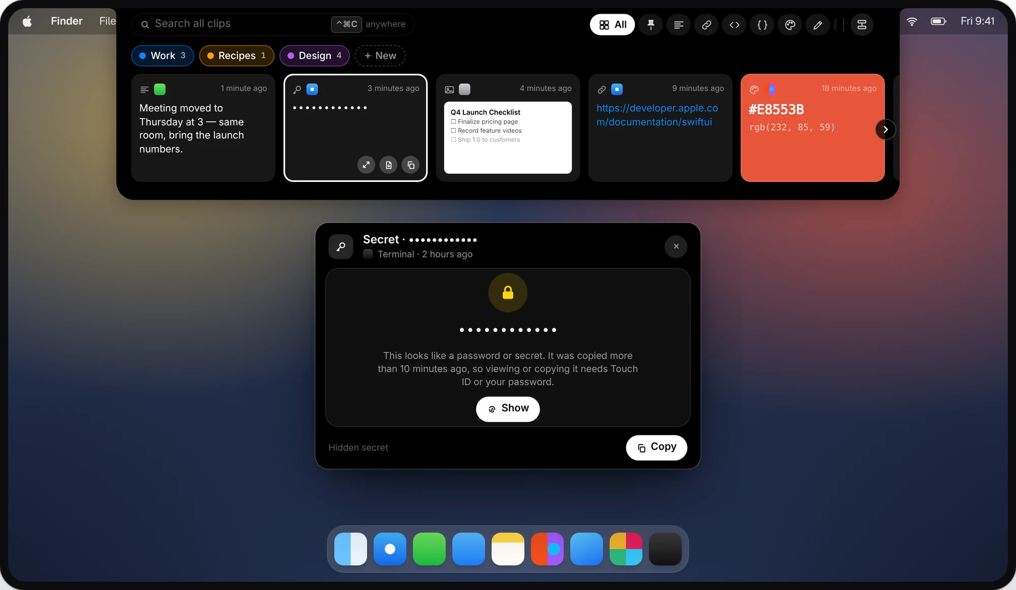 An older hidden secret opened in CopyPasta, masked behind dots and asking for Touch ID to show it.